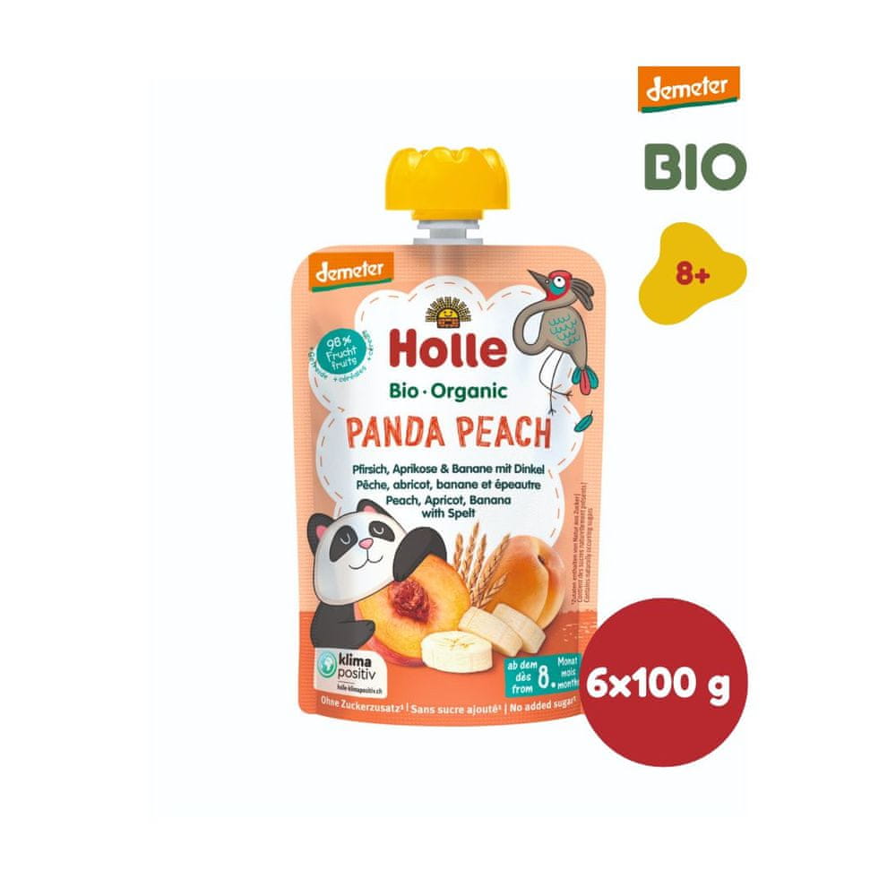 Holle Bio Panda Peach 100% ovocné pyré broskyňa, marhuľa, banán a špalda - 6 x 100g